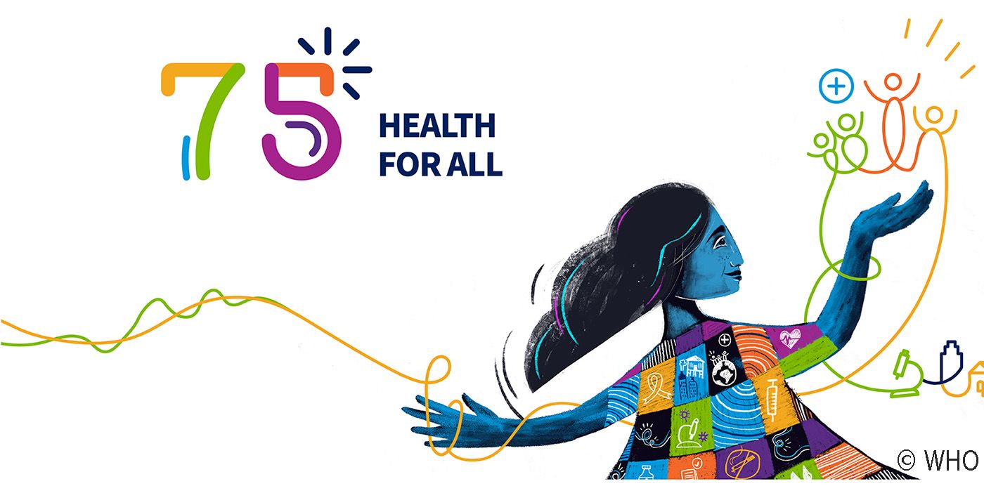 Illustration celebrating the WHO's 75th anniversary, saying 'Health for all'