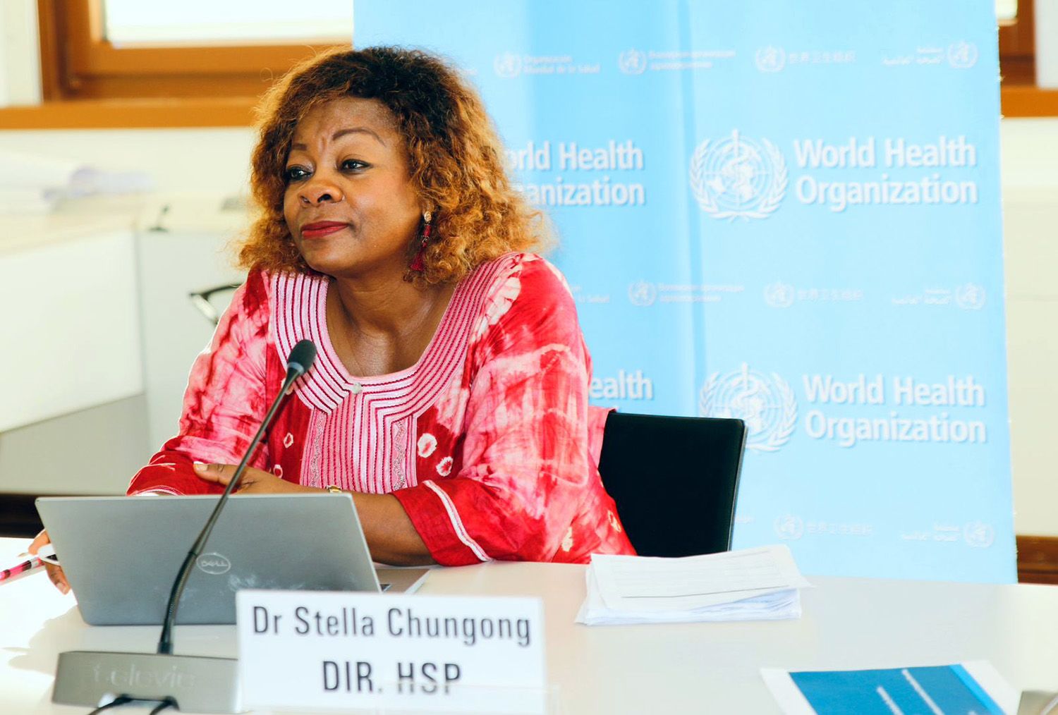 Dr Stella Chungong with microphone and laptop at a World Health Organization meeting