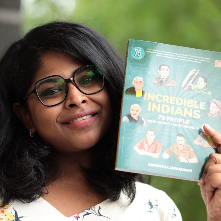 Photo of Ashwitha Jayakumar holding her book Incredible Indians