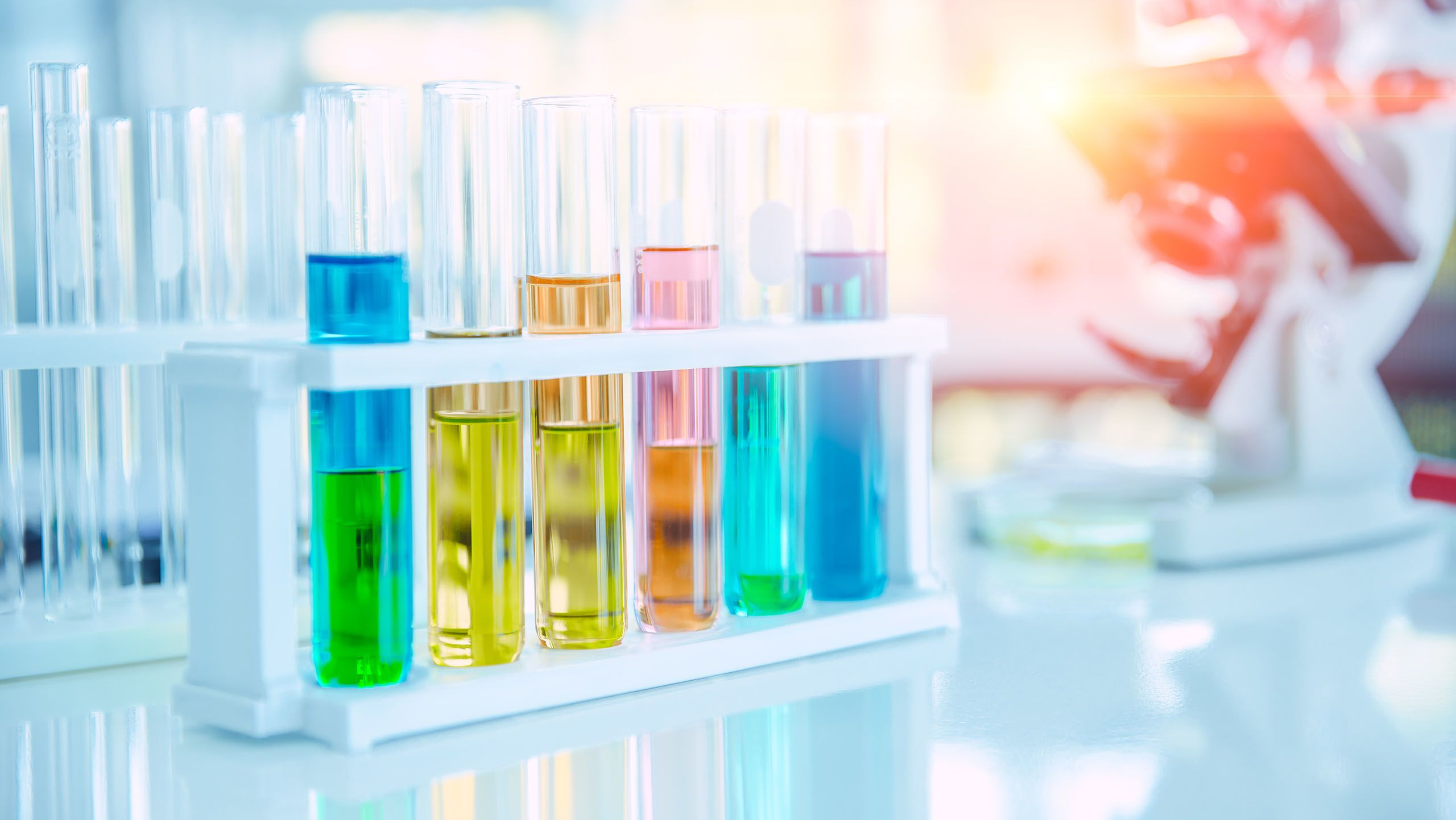 Colourful test tubes in a lab