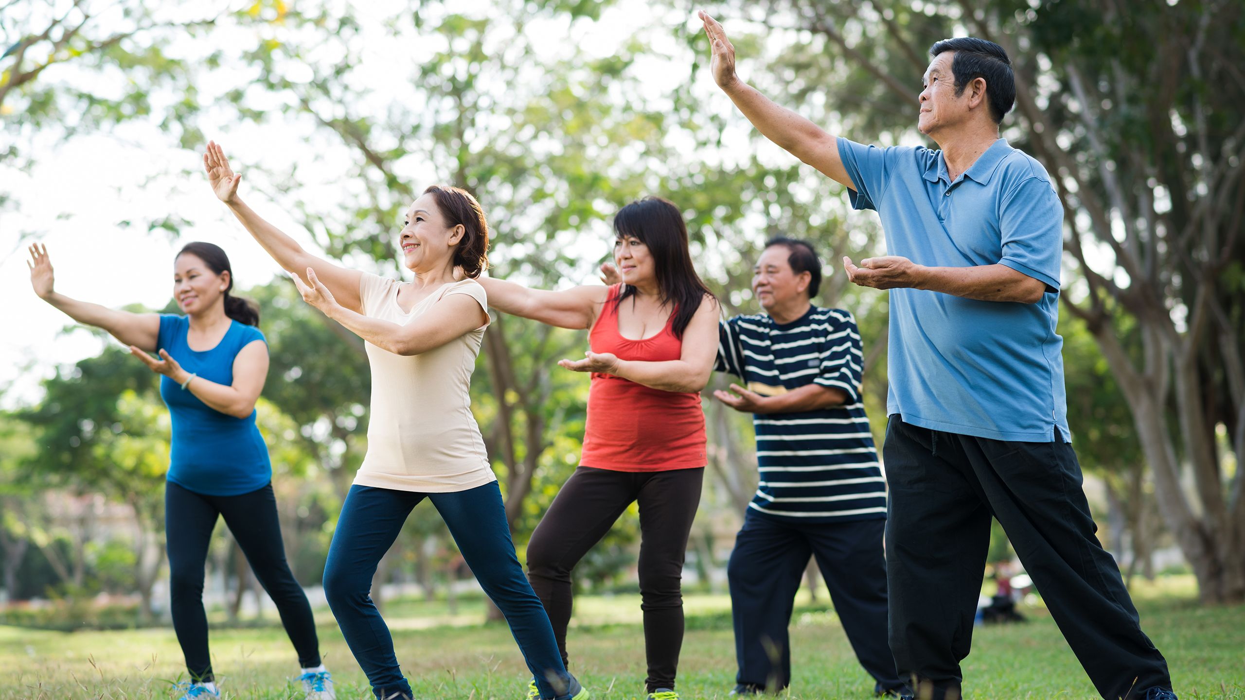Five people doing Tai Chi in a park