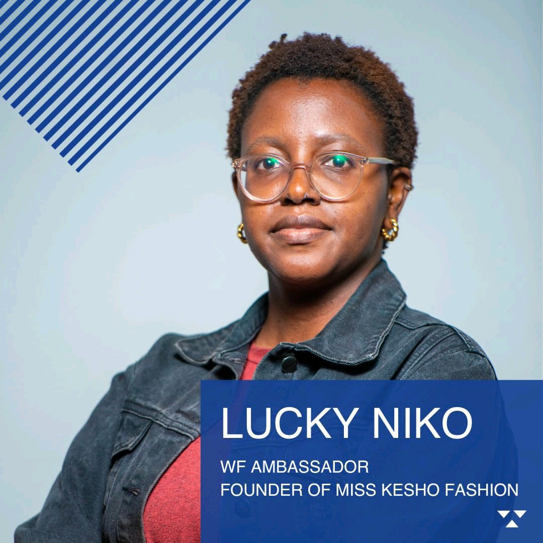 woman looking at camera with words in bottom right corner: Lucky Niko WF Ambassador Founder of Mis Kesho Fashion