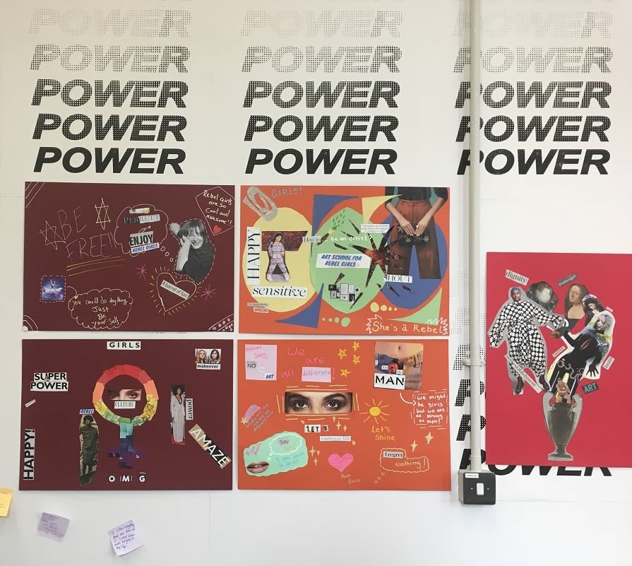 5 collages on a wall at the Art School for Rebel Girls exhibition in 2018. The collages explore what it means to be a 'rebel girl' and above the collages the word 'Power' is written several times.