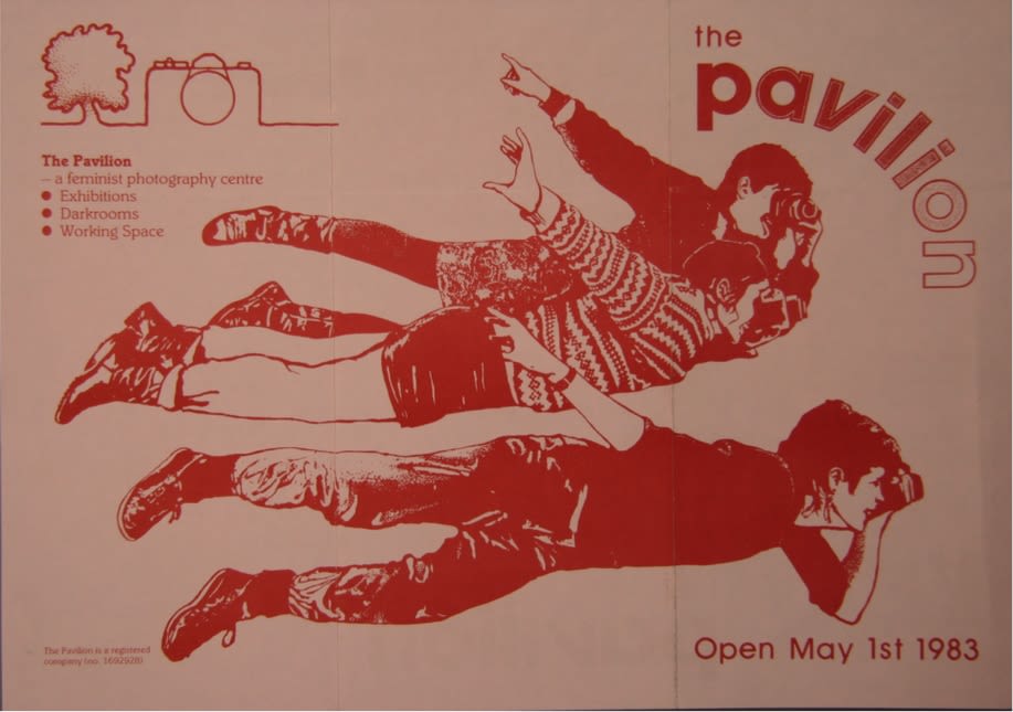 A leaflet advertising the opening of the Pavilion Women’s Photography Centre on 1 May 1983. The leaflet features a drawing of 3 people and says the centre features exhibitions, darkrooms and working space.