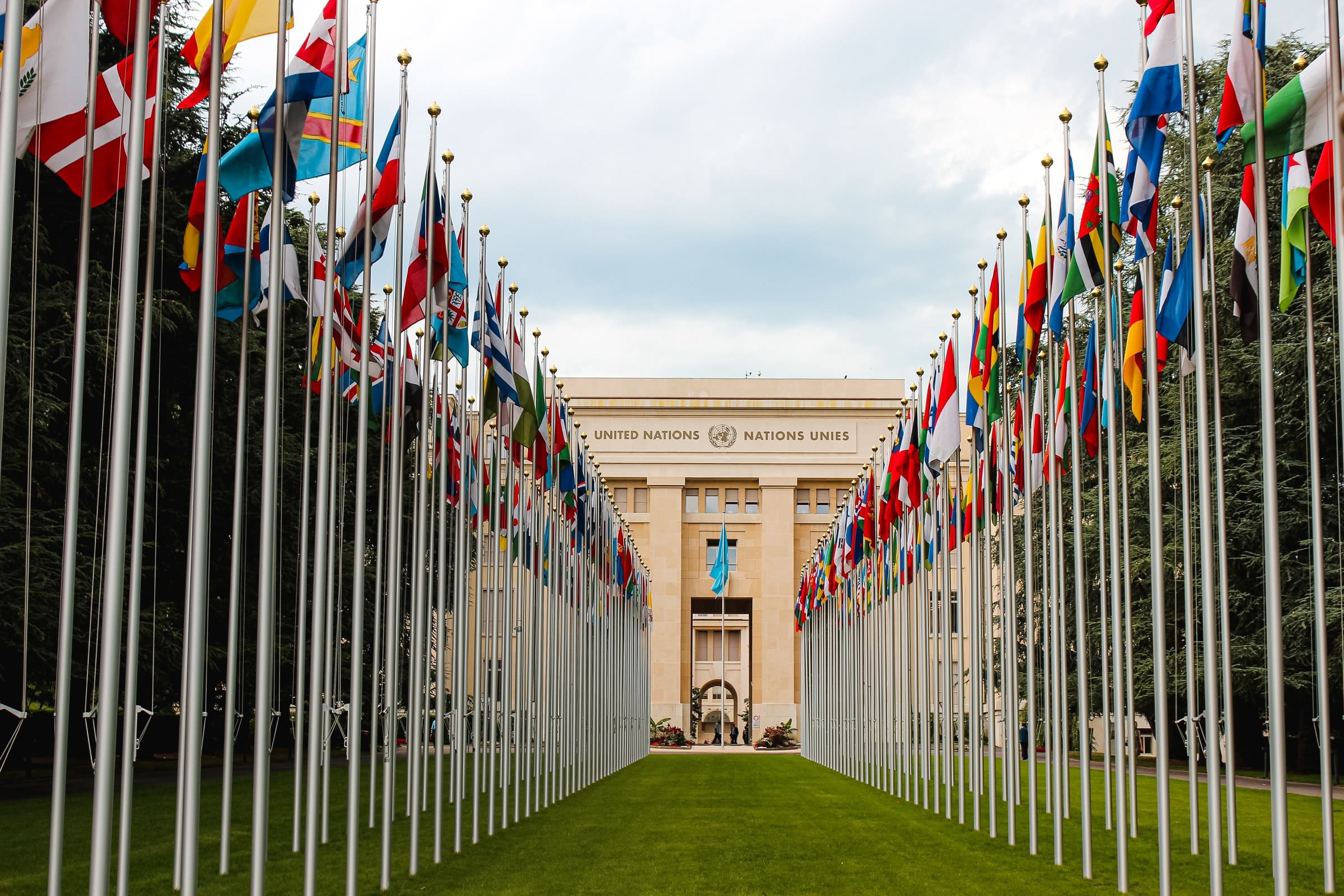 United Nations headquarters with flags of the world on flagpoles outside